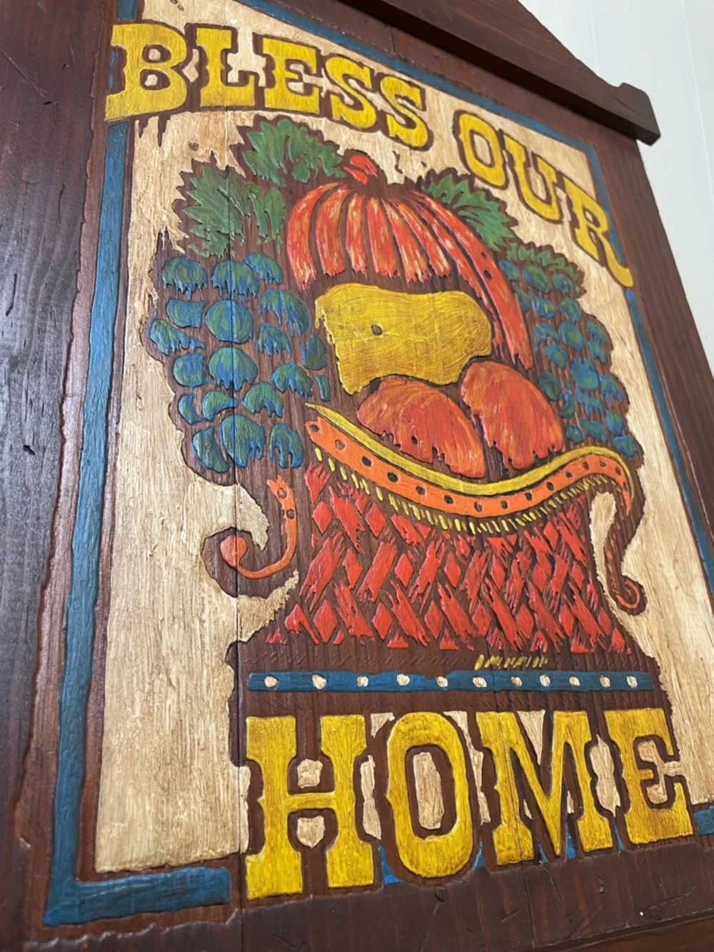 Vintage Folk Wood Rustic ‘Bless Our Home’ Sign 1971